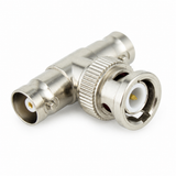 UltraPoE 75-ohm BNC T adapter angled view showing male pin and female socket