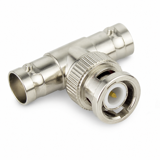 UltraPoE CT-BNC-3T nickel-plated BNC male to dual female T adapter on pure white background