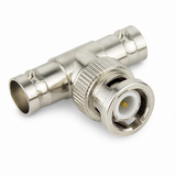UltraPoE CT-BNC-3T nickel-plated BNC male to dual female T adapter on pure white background