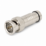 BNC compression connector angled view showing ribbed barrel and black sealing ring