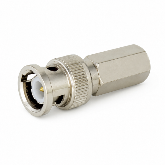 UltraPoE CT-BNC-TWIST 75-ohm RG59 BNC male twist-on connector on pure white background