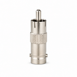 UltraPoE BNC female to RCA male adapter upright view showing connector types