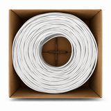 1000 foot white Cat5e UTP bulk Ethernet cable coil inside pull box