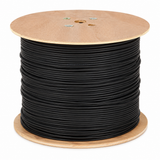 UltraPoE 1000 ft black direct burial Cat6 UTP cable on wooden reel, front view
