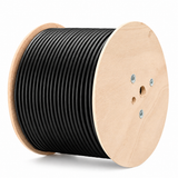 Black CT-CAT6U-SUN double-sheathed outdoor Cat6 cable wound on wooden reel, angled view