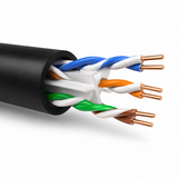 CT-CAT6U-UV cable cutaway showing single black jacket, spline, four twisted pairs and eight copper conductors