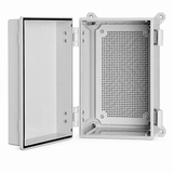 Open UltraPoE CT-DB12-WPE IP67 ABS enclosure showing black gasket and removable grid mounting plate