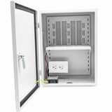 Open CT-DB15-NWF weatherproof enclosure showing mounting plate, shelf, dual outlet and DC fan