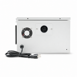 Rear of UltraPoE outdoor enclosure showing cooling fan, cable-entry grommet, knockouts and power cord