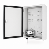 Open UltraPoE CT-DB15-WP NEMA 4 IP66 enclosure with perforated mounting plate, dual outlet and AC fan