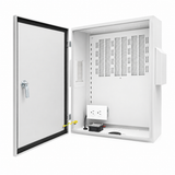 Open CT-DB20-NWF weatherproof enclosure showing mounting plate, dual outlet and DC fan