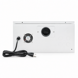 Rear of UltraPoE CT-DB20-NWF enclosure showing cooling fan, cable-entry grommet, knockouts and power cord