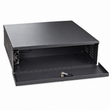 UltraPoE CT-DB212108-L open DVR NVR lockbox interior with installed AC cooling fan and cable knockouts