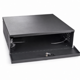 Open CT-DB212108 security enclosure showing drop-down door, fan wiring, vents and interior space