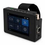 UltraPoE CT-IPTV-V4 4-inch wrist-mount CCTV camera tester front and port view on pure white background