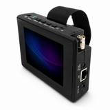 UltraPoE CT-IPTV-V4 CCTV tester angled view showing BNC LAN and DC power connections