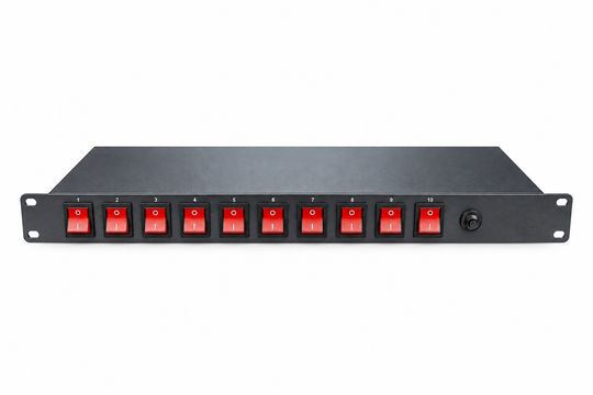 UltraPoE CT-PDU10 1U rack PDU with ten red individually controlled power switches, front view