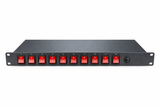 UltraPoE CT-PDU10 1U rack PDU with ten red individually controlled power switches, front view