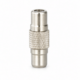 Upright view of UltraPoE RCA female barrel connector with knurled metal grip