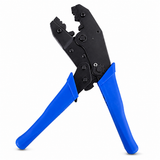 UltraPoE CT-TC002D professional ratcheting coaxial BNC crimping tool with blue handles on pure white background