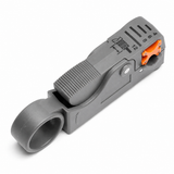 UltraPoE CT-TS003 adjustable rotary coaxial cable stripper with gray body and orange blade cartridge on pure white background