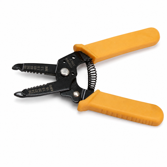 UltraPoE CT-TS005 spring-loaded precision wire stripper with orange handles on pure white background