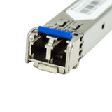 UltraPoE CTPD-LC-20L dual LC optical connector and blue latch close-up on pure white background