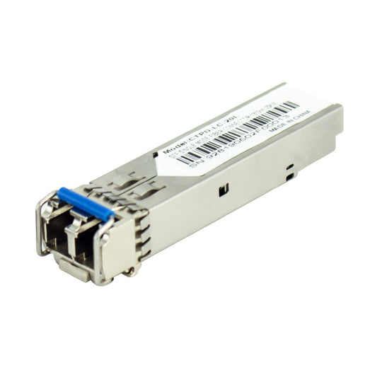 UltraPoE CTPD-LC-20L 1.25Gbps 1310nm 20km single-mode dual LC SFP transceiver on pure white background