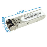 UltraPoE CTPD-LC-MM multimode SFP transceiver dimensions 5.6 by 1.2 by 1.4 cm on pure white background