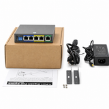 UltraPoE PoE-1605-4D package contents with 65W adapter brackets manual and screws on pure white background