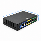 UltraPoE PoE-1606-4P dimensions 139 by 91.5 by 29 millimeters on pure white background