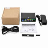 UltraPoE PoE-1606-4P package contents with power adapter mounting hardware and manual on pure white background