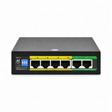 UltraPoE PoE-2006-4E 6-port AI PoE switch front view with four PoE ports and two uplinks on pure white background