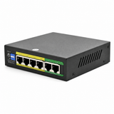 UltraPoE PoE-2006-4E AI PoE switch front-right view with two uplink ports on pure white background