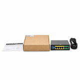 UltraPoE PoE-2006-4E package contents with switch power cord box and manual on pure white background