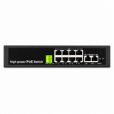 UltraPoE PoE-2010-8E-150W front panel with eight PoE ports and two uplinks on pure white background