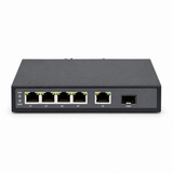 Front view of UltraPoE POE-3606-4P with four Gigabit PoE ports, one RJ45 uplink and one SFP slot