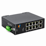 UltraPoE PoE-3610-8B industrial PoE switch green DC input terminal and 10 RJ45 ports on pure white background