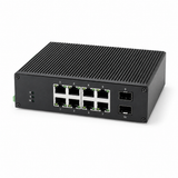 UltraPoE PoE-3610-8P fanless industrial PoE switch front-angle view on pure white background