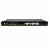 UltraPoE POE-6018 rackmount front with 16 PoE ports and uplinks on pure white background