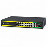 UltraPoE POE-6018B 16-port PoE switch with two Gigabit RJ45 uplinks and one SFP on pure white background