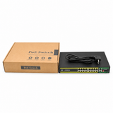UltraPoE POE-6018B PoE switch package with power cable on pure white background