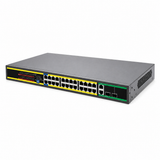 UltraPoE PoE-6026 24-port AI PoE switch front-right view on pure white background