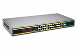 UltraPoE PoE-6026 24-port AI PoE switch front-left view on pure white background