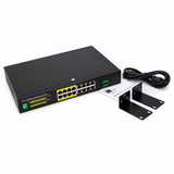 UltraPoE PoE-7017 switch with power cord manual and rack brackets on pure white background