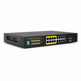 UltraPoE PoE-7017 16-port Gigabit PoE+ switch angled view with one SFP uplink on pure white background