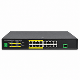 UltraPoE PoE-7017-16P-250W front panel with sixteen Gigabit PoE+ ports and one SFP uplink on pure white background