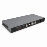 UltraPoE POE-7018 16-port Gigabit PoE+ switch with two SFP uplinks, angled view on pure white background