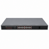 UltraPoE POE-7018 front panel with sixteen Gigabit PoE+ ports and two SFP uplinks on pure white background
