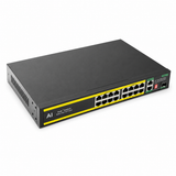 UltraPoE PoE-7018B 16-port Gigabit PoE switch front-left view on pure white background